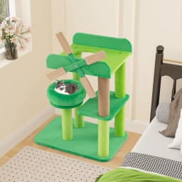 Cat tree with scratching post, round padded platform, large perch on top, indoor cat climbing tree