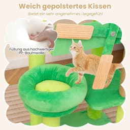 Cat tree with scratching post, round padded platform, large perch on top, indoor cat climbing tree