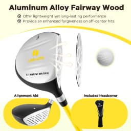 165CC Junior #3 Fairway Wood for Kids, Individual Gold Club for Boys and Girls with Fiberglass Shaft and Headcover, Junior