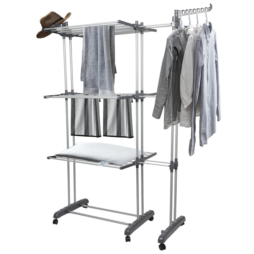 Three-tier indoor clothes drying rack, adjustable telescopic clothes dryer, large capacity 75-142.5 * 64 * 170cm, with 6 360° pa
