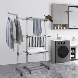 Three-tier indoor clothes drying rack, adjustable telescopic clothes dryer, large capacity 75-142.5 * 64 * 170cm, with 6 360° pa