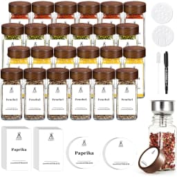 SAEIV 12/24/35 Pcs Spice Jars with Acacia Wood Lids, 120ml Transparent Glass Containers with Spice Labels, Kitchen Spice Bottles