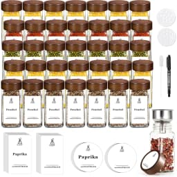 SAEIV 12/24/35 Pcs Spice Jars with Acacia Wood Lids, 120ml Transparent Glass Containers with Spice Labels, Kitchen Spice Bottles