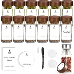 SAEIV 12/24/35 Pcs Spice Jars with Acacia Wood Lids, 120ml Transparent Glass Containers with Spice Labels, Kitchen Spice Bottles