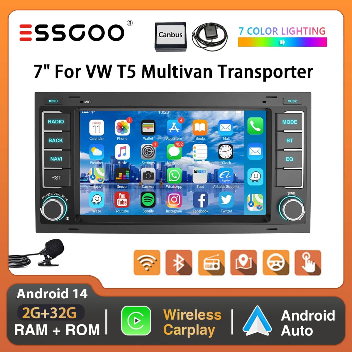 ESSGOO 7" Display Android 14 For VW T5 Multivan Transporter Wireless Carplay Androdi Auto GPS Nav WiFi BT RDS BT SWC Mirror Link