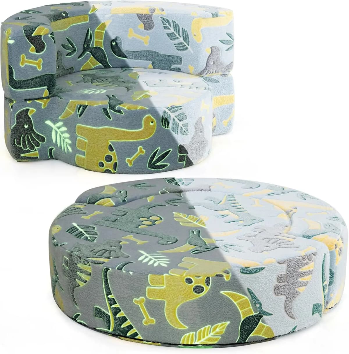 2-in-1 Children's Sofa, Round, Glow in the Dark, Children's Couch Padded with Removable Cover,  for from 3 Years（Blue）