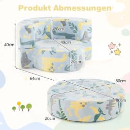 2-in-1 Children's Sofa, Round, Glow in the Dark, Children's Couch Padded with Removable Cover,  for from 3 Years（Blue）