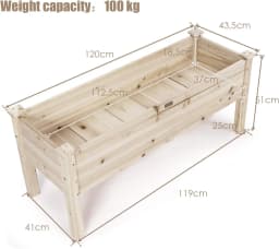 Wooden Raised Bed, Plant Bed for Children, 120 x 43.5 x 51 cm, Plant Trough Maximum Load 100 kg, Flower Pot with Drainage Holes