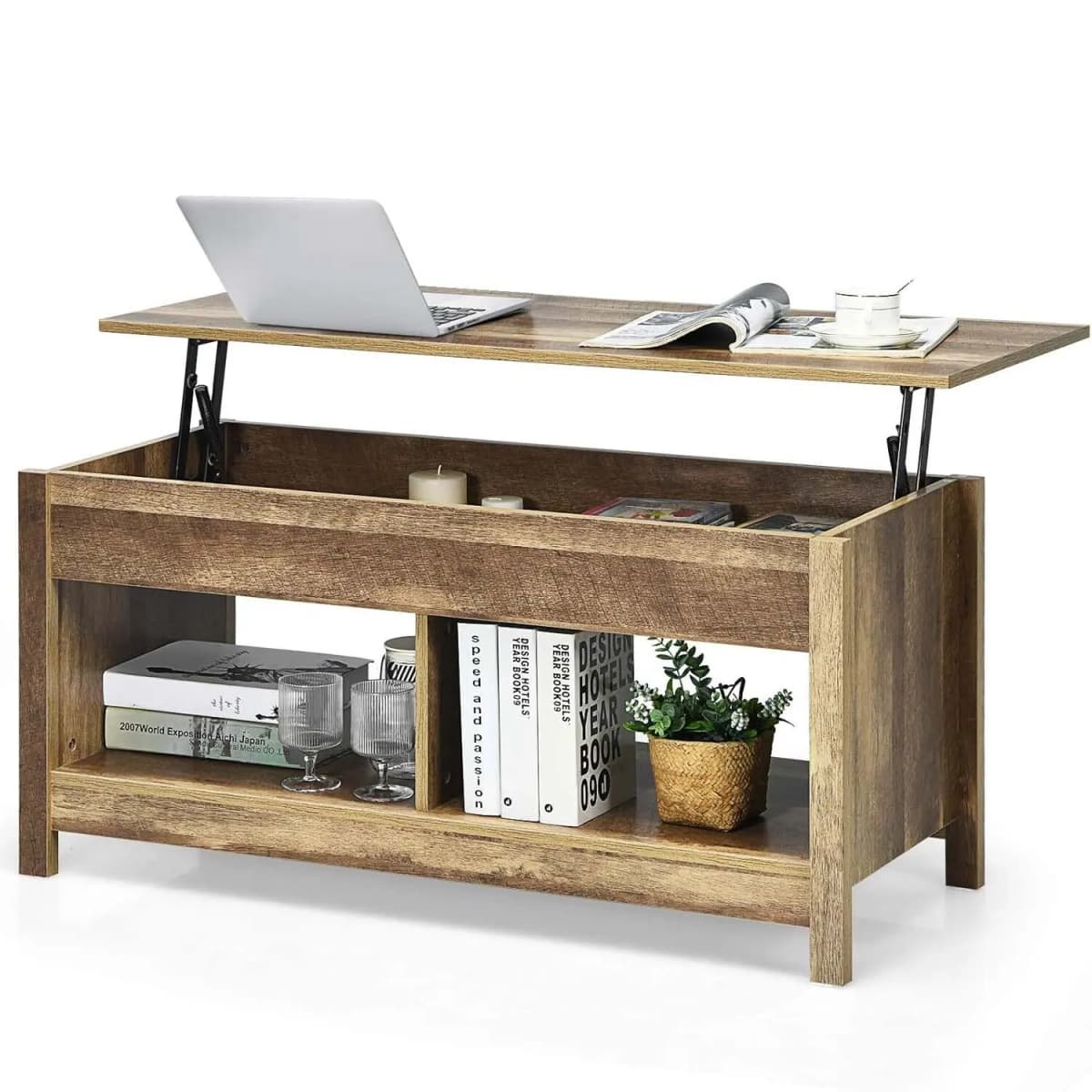 Coffee Table, Height Adjustable, Sofa Table, Side Table with Storage Compartment, Wooden Sofa Table, Tea Table (Natural)