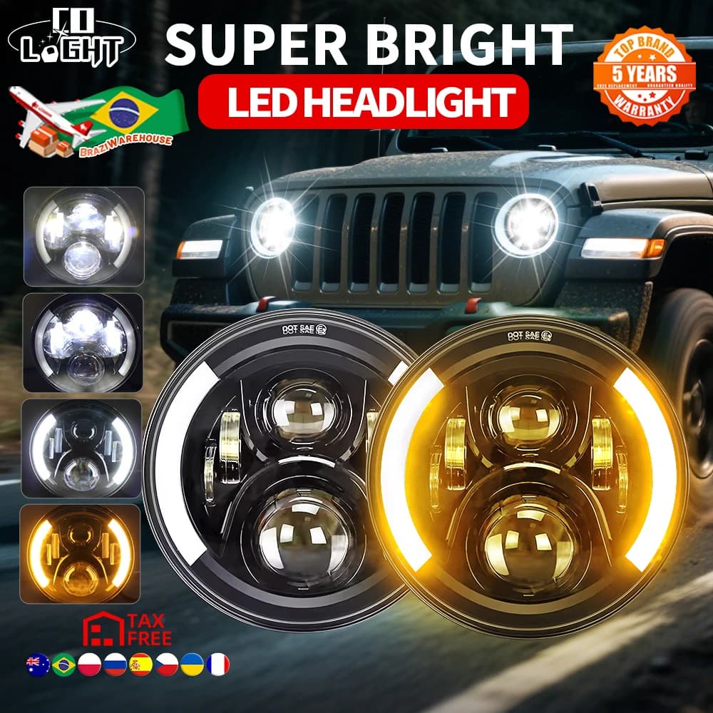CO LIGHT E9 Car 7" Led Headlight Hi/Low H4 Halo Angle Eyes For Urban Harley BMW Jeep JK 4x4 Suzuki Samurai Wrangler Off Road 12V