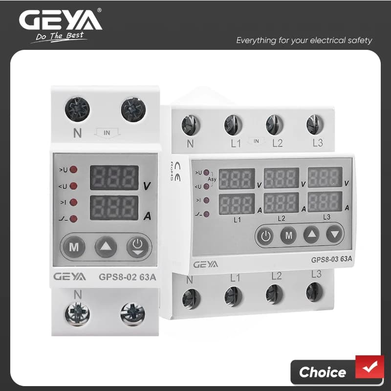 GEYA GPS8 Single Phase & Three Phase Voltage Current Relay Protector  Over Voltage Under Voltage Protective Device  63A 220VAC