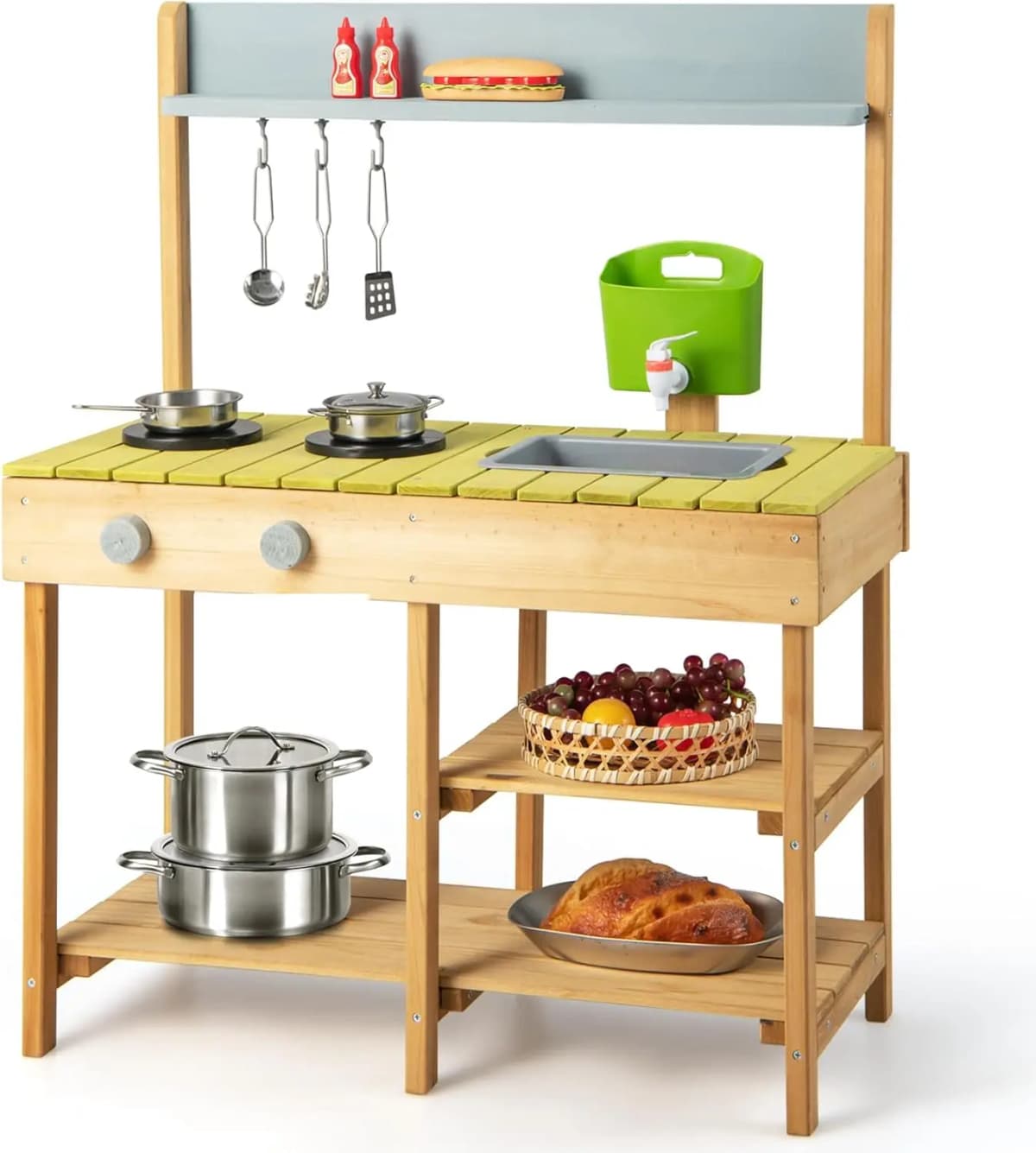 Mud Kitchen Outdoor, Children's Kitchen Wood with Water Function,with Hooks and Removable Shelf,for Children from 3 Years
