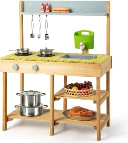 Mud Kitchen Outdoor, Children's Kitchen Wood with Water Function,with Hooks and Removable Shelf,for Children from 3 Years