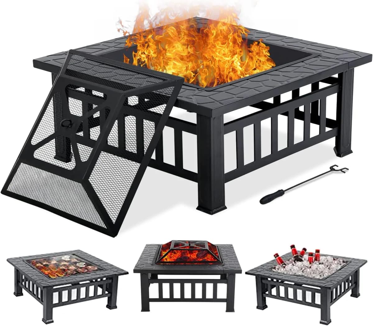 32" Fire Pit Table for Outside,Outdoor Fire Pit Square Wood Burning with Spark Screen Fire Poker for Camping,Backyard,Patio