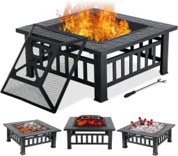 32" Fire Pit Table for Outside,Outdoor Fire Pit Square Wood Burning with Spark Screen Fire Poker for Camping,Backyard,Patio