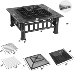 32" Fire Pit Table for Outside,Outdoor Fire Pit Square Wood Burning with Spark Screen Fire Poker for Camping,Backyard,Patio