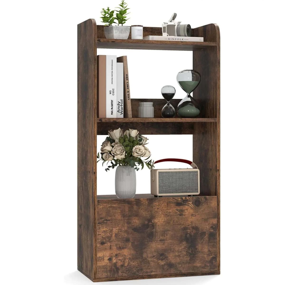 Bookcase with Drawer, Standing Shelf with 2 Compartments,Storage Shelf for Living Room, Bedroom, 55 x 29 x 105 cm (Rustic Brown)