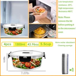 SIAZIH 1300 ML Round Glass Food Containers (With Lids), Set of 4, Airtight Food Storage Containers, BPA-Free