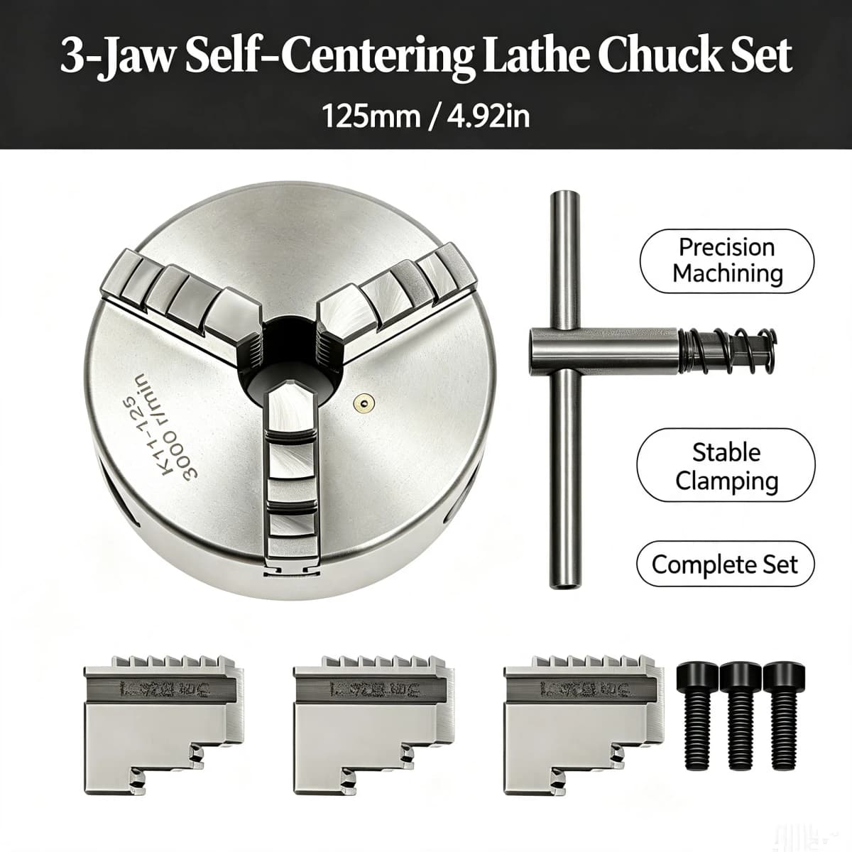 3-Jaw Self-Centering Lathe Chuck 125mm Diameter 3000r/min Centering Precision 0.07mm for CNC Drilling K11-125