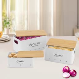 3PCS Storage Container Sets, Storage Box Onions/Potato/Garlic Organizer with Bamboo Lids, Ventilated Metal Boxes