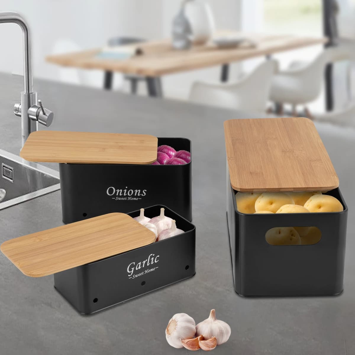 3PCS Storage Container Sets, Storage Box Onions/Potato/Garlic Organizer with Bamboo Lids, Ventilated Metal Boxes