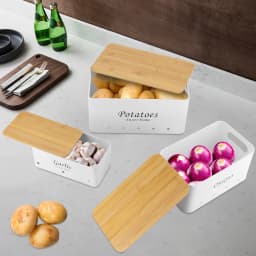 3PCS Storage Container Sets, Storage Box Onions/Potato/Garlic Organizer with Bamboo Lids, Ventilated Metal Boxes