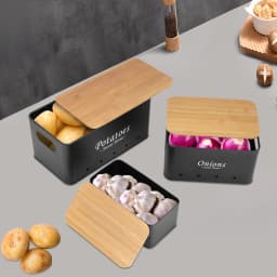 3PCS Storage Container Sets, Storage Box Onions/Potato/Garlic Organizer with Bamboo Lids, Ventilated Metal Boxes