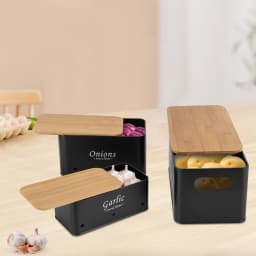 3PCS Storage Container Sets, Storage Box Onions/Potato/Garlic Organizer with Bamboo Lids, Ventilated Metal Boxes