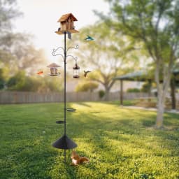 Bird Feeder Pole with 4 Hooks 2 Tray Birdhouse Pole Adjustable Height Outdoor Bird Feeder Pole with Squirrel Proof Baffle for Ga