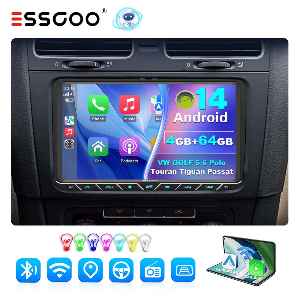 9" Android 14 4G+64G Wireless Carplay Car Stereo Radio for VW Golf 5 6 Polo Passat B6 Touran Tiguan Sharan GPS NAVI WIFI RDS SWC