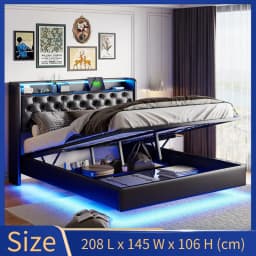 Creahappy Spring Mattress Bed, Double Bed Frame,Headboard Soft Storage with LED Lighting,Fashionable Soft Bed with Storage Space