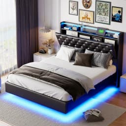 Creahappy Spring Mattress Bed, Double Bed Frame,Headboard Soft Storage with LED Lighting,Fashionable Soft Bed with Storage Space