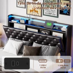 Creahappy Spring Mattress Bed, Double Bed Frame,Headboard Soft Storage with LED Lighting,Fashionable Soft Bed with Storage Space