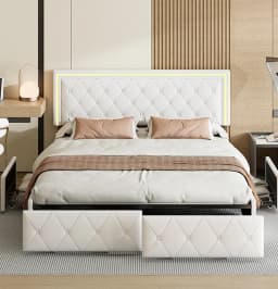 ROSAHQNDA Modern faux leather bed with drawers, LED PU double bed frame with storage space, 140/160 x 200 cm, without mattress