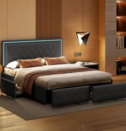 ROSAHQNDA Modern faux leather bed with drawers, LED PU double bed frame with storage space, 140/160 x 200 cm, without mattress