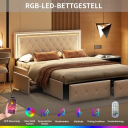 ROSAHQNDA Modern faux leather bed with drawers, LED PU double bed frame with storage space, 140/160 x 200 cm, without mattress