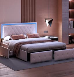 ROSAHQNDA Modern faux leather bed with drawers, LED PU double bed frame with storage space, 140/160 x 200 cm, without mattress