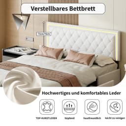 ROSAHQNDA Modern faux leather bed with drawers, LED PU double bed frame with storage space, 140/160 x 200 cm, without mattress