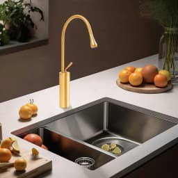 360 Degree Swivel Brass Gold Water Faucet Deck Mount, Modern Rotatable Bathroom Faucet with 2* Water Hoses