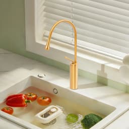 360 Degree Swivel Brass Gold Water Faucet Deck Mount, Modern Rotatable Bathroom Faucet with 2* Water Hoses
