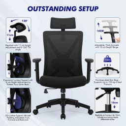AUTHMIC Ergonomic Office Chair Mesh Back, 5D Lumbar Support, Reclining 90–135°, Adjustable Armrest & Headrest for Home Office