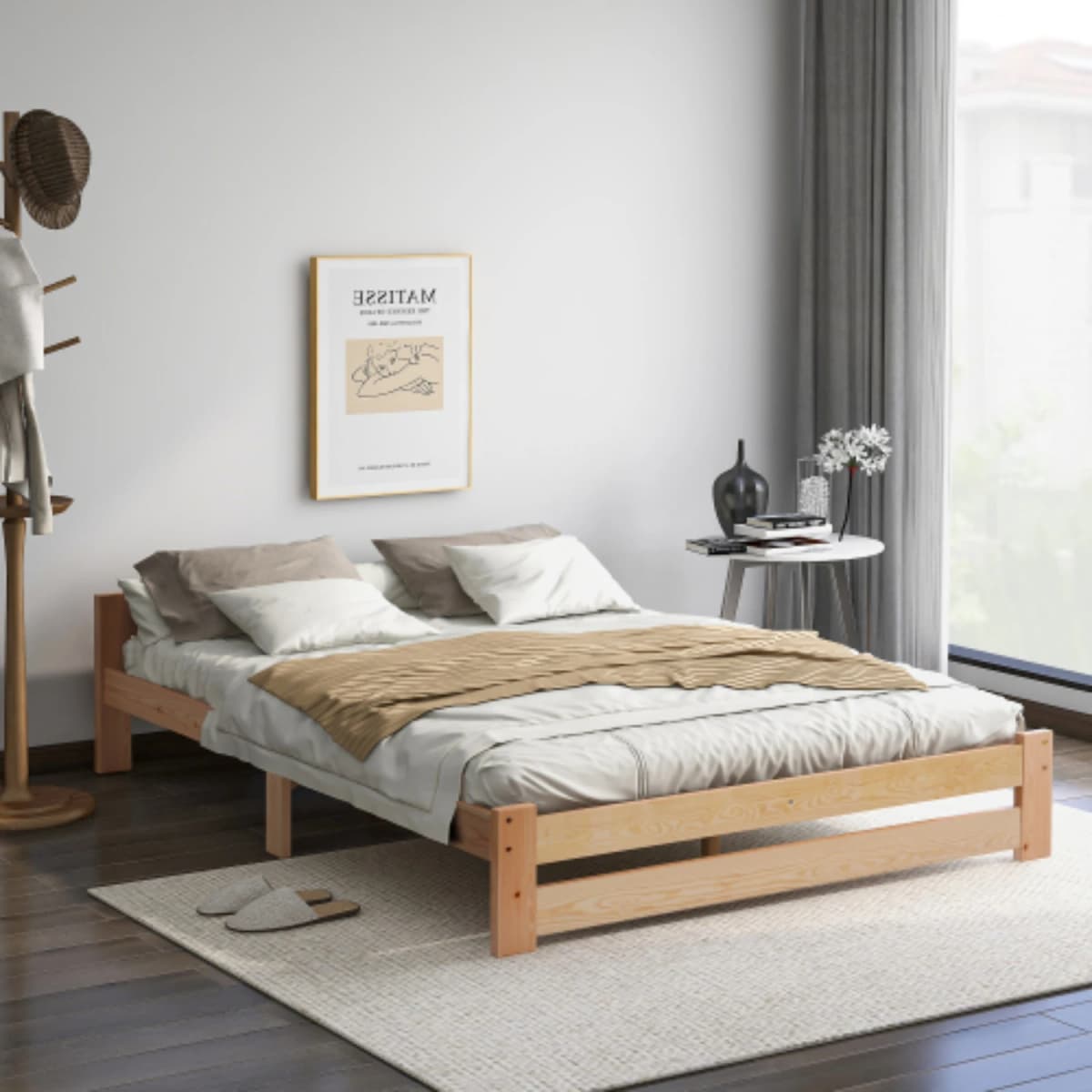 Solid solid wood bed futon bed solid wood natural bed with headboard and slatted frame, natural (200x140cm)