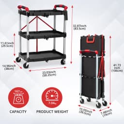 3 Tier Rolling Cart, 167Lbs Foldable Utility Service Cart with Lockable Wheels for Warehouse Garden Office Kitchen