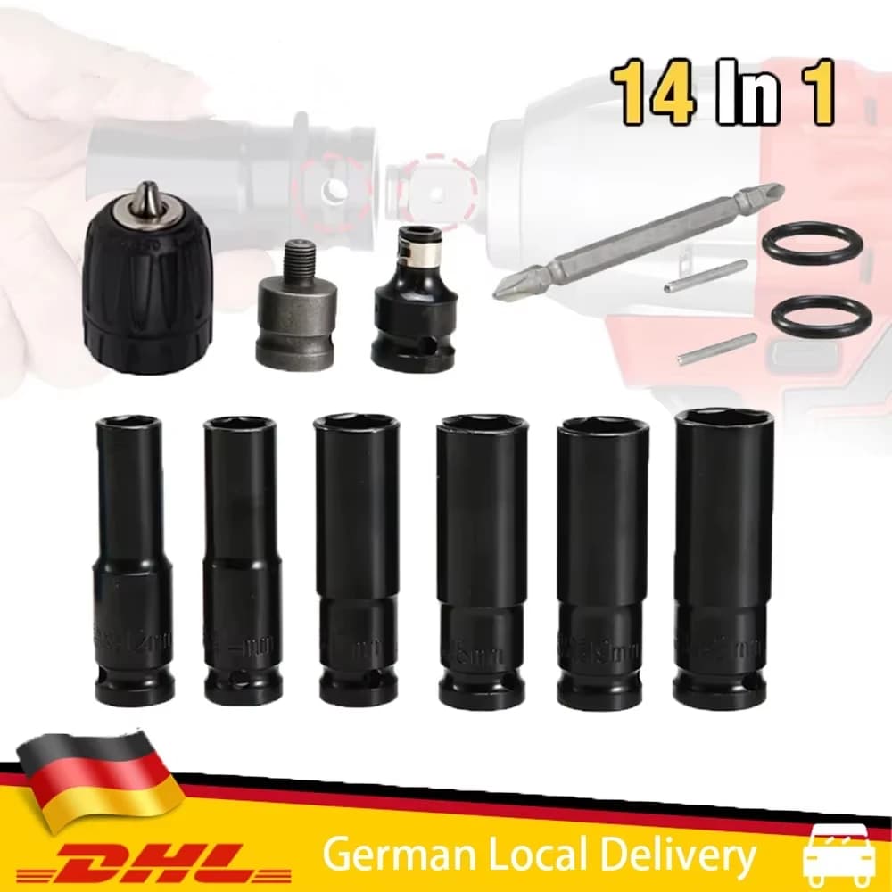 14Pcs Set Electric Impact Wrench Hexs Socket Adapter Kit Drill Chuck Drive Adapter SET for Electric Drill Wrench Screwdrivers