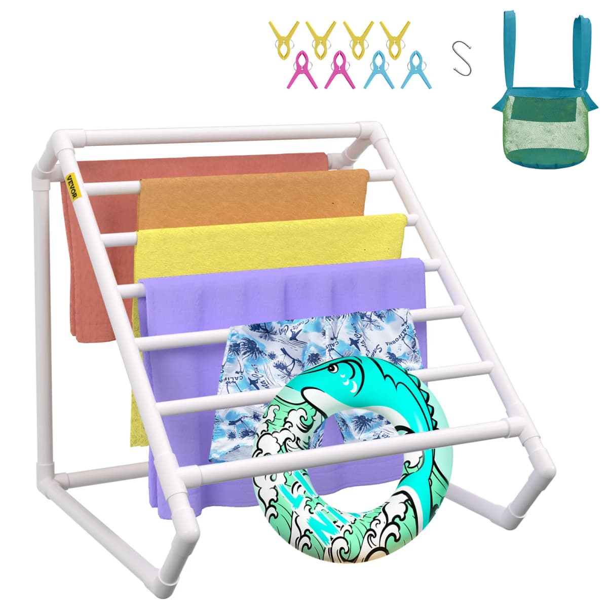 SucceBuy Pool Towel Rack 8 Bar Freestanding Outdoor PVC Triangular Poolside Storage Organizer Include 8 Towel Clips Mesh Bag