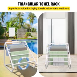 SucceBuy Pool Towel Rack 8 Bar Freestanding Outdoor PVC Triangular Poolside Storage Organizer Include 8 Towel Clips Mesh Bag