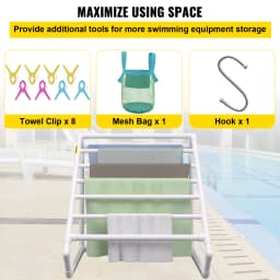 SucceBuy Pool Towel Rack 8 Bar Freestanding Outdoor PVC Triangular Poolside Storage Organizer Include 8 Towel Clips Mesh Bag