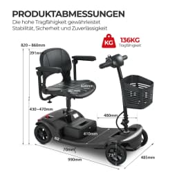 Four-wheeled Scooter for the Elderly, Removable 12AH Lithium Battery 250W Motor 15-30km Range Maximum 136 kg