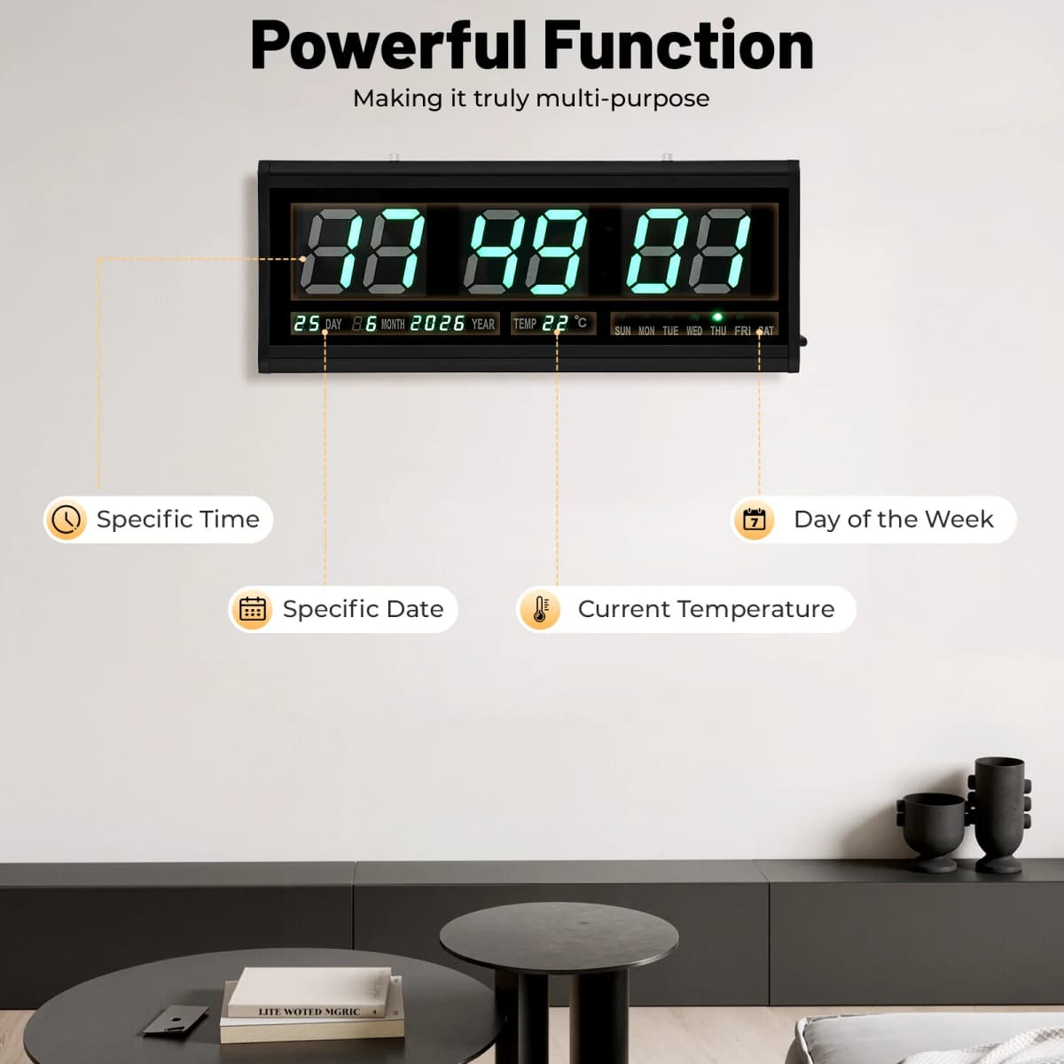 Large Digital Wall Clock,12/24H Time Temp Date Week Display Electronic LED Clock,Auto Dimmer Luminous Silent Table Clock 48*19cm