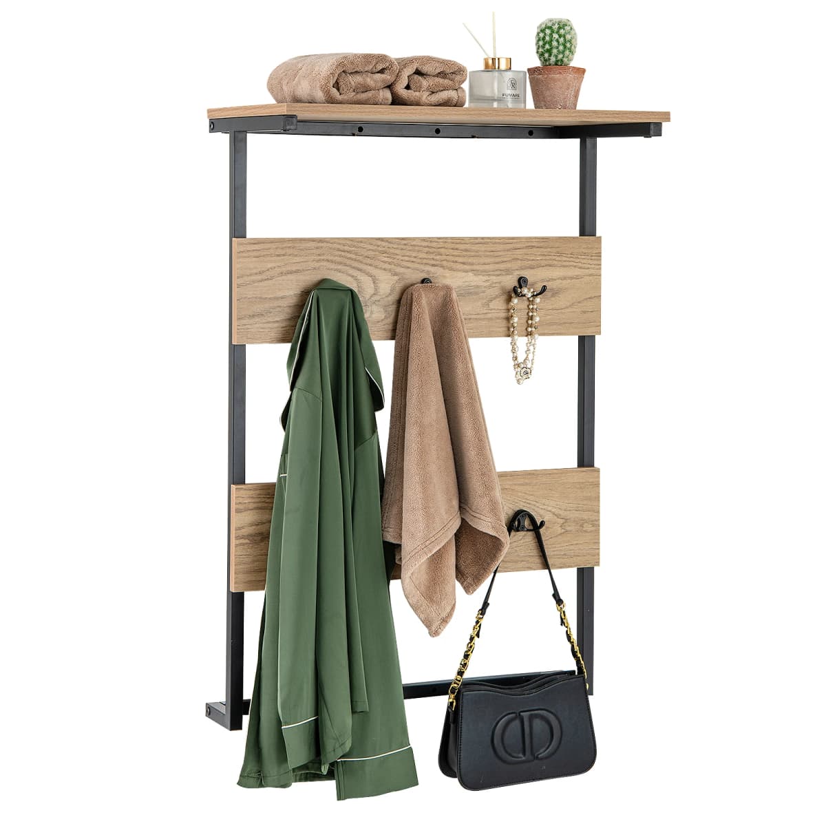 Wall wardrobe with storage, wall shelf with 6 hooks, industrial metal frame wardrobe bar, dresses Rod wardrobe panel